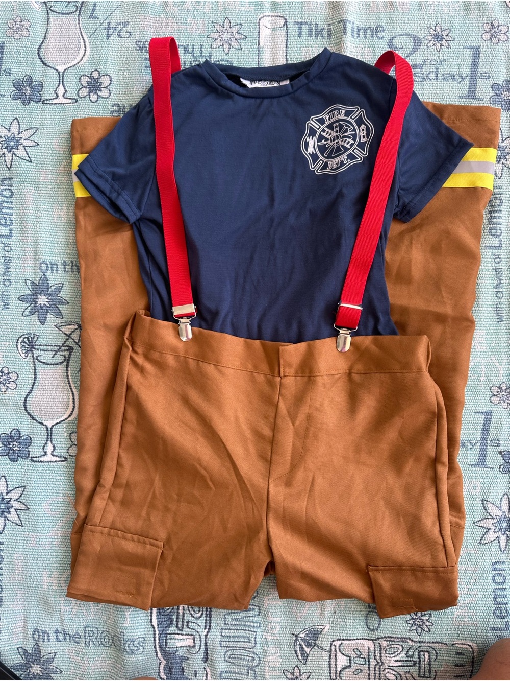 Kids Brown Firefighter Shorts with Red Suspender Detail Large Size 9-10 Range.